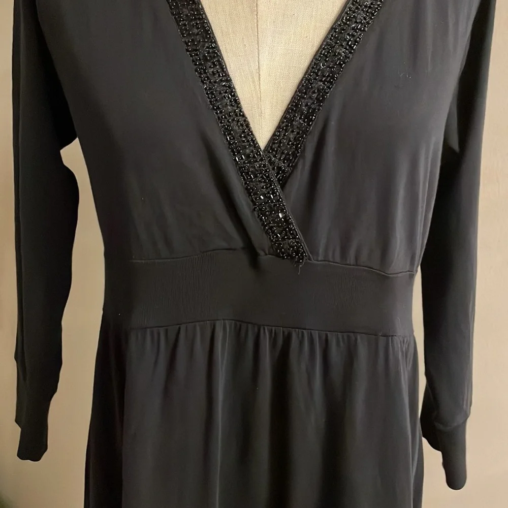 Velvet by Graham Spencer black dress 100% jersey cotton beaded V neckline size L